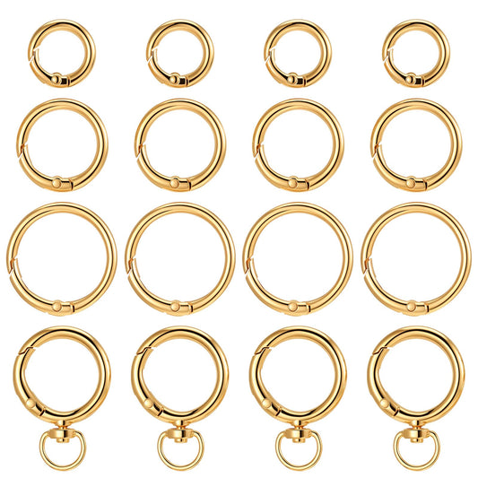 16 Pcs Metal Spring O Rings Set, Mixed Sizes Gold Carabiner Keychain Clips, Round Snap Hooks Key Ring for Bags Dog Tags Buckle Purses Paracord Lanyards DIY Crafts