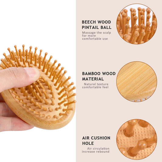 Natural Bamboo Brush, Wooden Scalp Massager Hair Growth Portable Travel Hair Brush with Anti-Static Round Wood Pins Detangling Hairbrush for Women and Men's All Hair Types, Hair Care, No Handle Design
