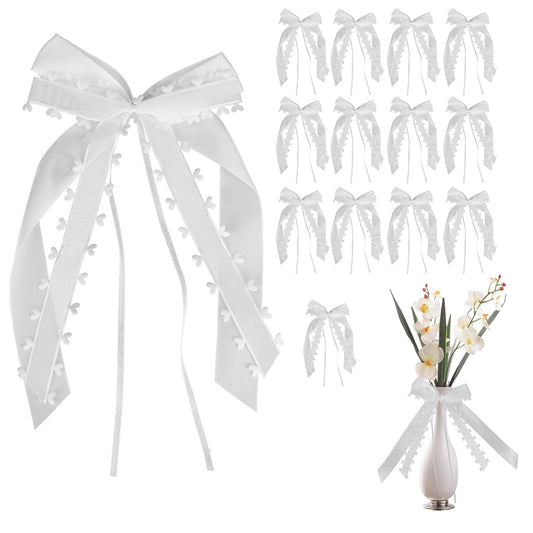 Mozeat Lens 40 Pcs Organza Bows White Ribbon Heart Bows Wedding Car Bows Vintage Decorative Christmas Tree Bows Antenna Bows for Gift Wrapping Flower Arrangements Party