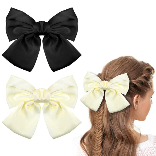 2PCS Silk Bow Hair Clips for Women Girls, Cute Bow Hair Ribbons White Hair Bow Black Hair Bow Hair Clips with Ribbon Hair Accessories(Style 2)