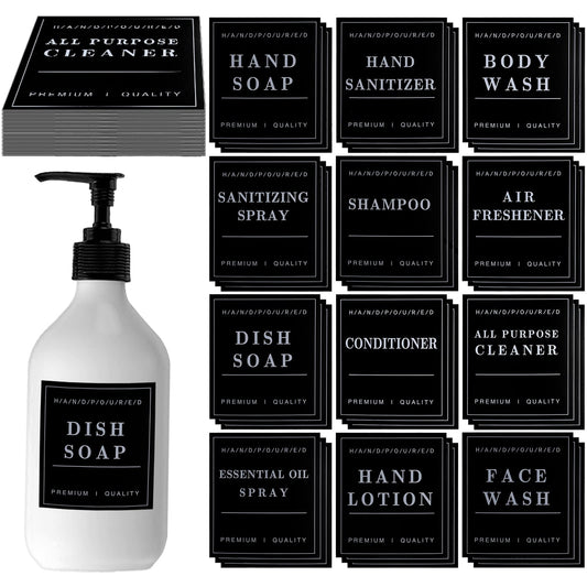 36PCS Waterproof Bottle Label, Bathroom Hand Soap and Lotion Labels Shampoo Conditioner Soap Dispenser Labels Stickers, Removable Cleaning Bathroom Labels for Glass or Plastic Bottles