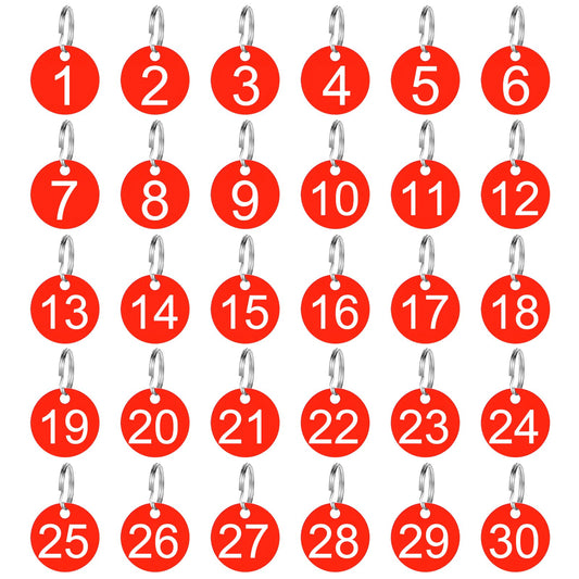 30 Pack Plastic Numbers Tags 1-30 Rond Number Tags with Key Rings, Numbered Keychain Tags for Dormitory Keys House Lockers Red 1-3/8 Inches Number Tags