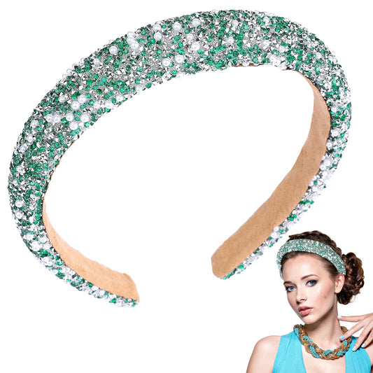 Glitter Padded Headband Silver Green Rhinestone Diamond Headband for Women, Fancy Crystal Headbands for Women, Sparkle Diamond Headbands Head Bands Glitter Beaded Headband