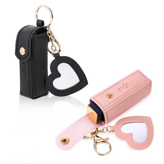 Hariendny 2 PCS Lip Balm Keyring Lip Balm Holder Keychain Chapstick Keyring, Portable Leather Chapstick Holder Lipstick Holder with Metal Key Ring for Travel Holiday (Black, Pink)