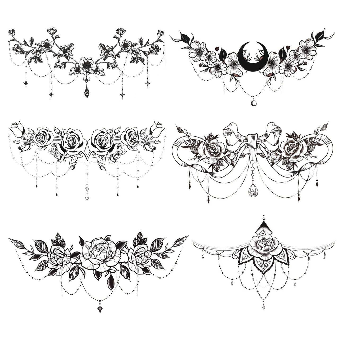 6 Pcs Chest Underboob Temporary Tattoos for Women Waterproof Fake Tattoo Extra Large Long Lasting Tattoo Stickers Sexy Rose Flower Semi Permanent Underboob Black Fake Tattoo Sticker