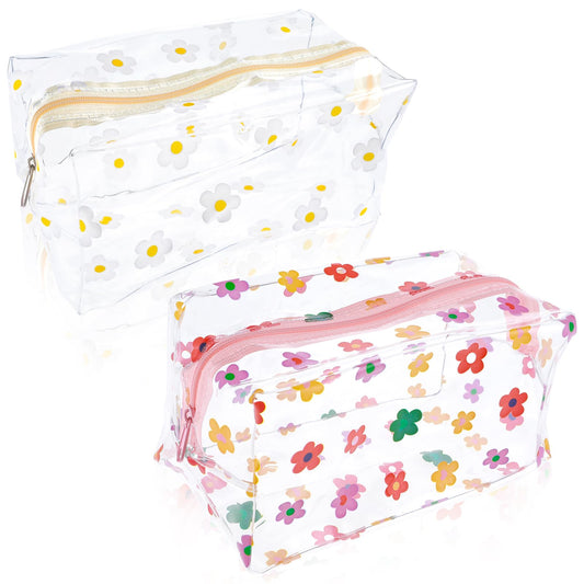 Pack of 2 Cute Flowers Cosmetic Bag, Cosmetic Bag with Floral Pattern, Portable Toiletry Bag, Small Transparent Cosmetic Bag with Zip for Women, Bathroom, Travel, Holiday, Organisation, klar