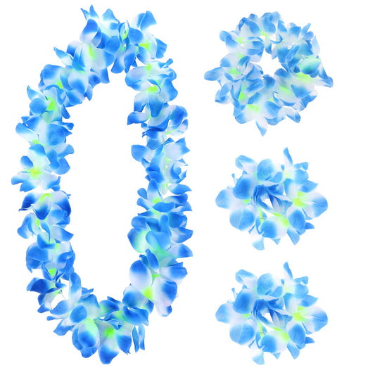 4 Pieces Colorful Hawaiian Leis, Graduation Flower Leis Accessories Artificial Hawaiian Flower Necklace Headband Hand Garlands Leis Set for Graduation Party Dance Party Costumes Accessories, Blue
