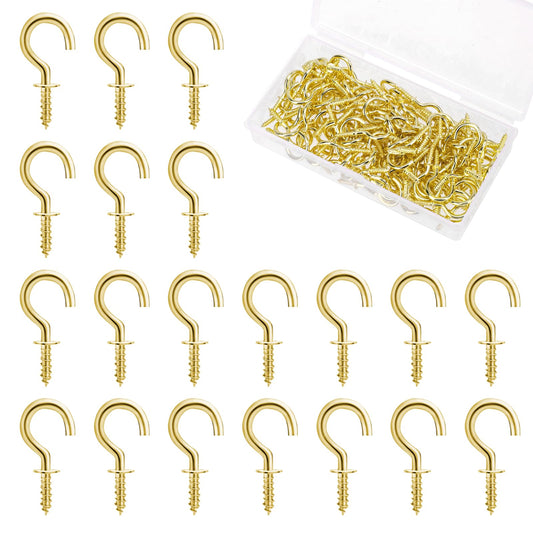 KALIONE 120 pcs Screw Hooks, Ceiling Hooks with Storage Box Metal Key Hanging Hooks Home Kitchen Ceiling Wall Hooks Screw-in Hooks for Hanging Plants Keys (Gold)