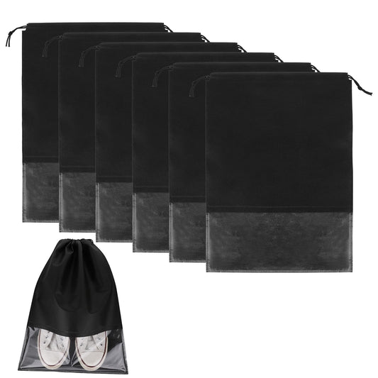 6Pcs Shoe Bag Travel Black Waterproof Dustproof Pouch Packing Organizer 44 x 32cm Portable Shoe Bags with Clear Window Non-Woven Large Drawstring Shoe Storage Bag for Men Women Gym Dance Travel