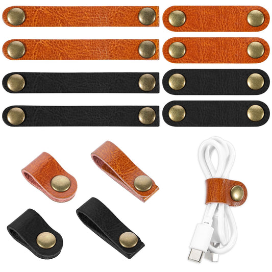 12Pcs Leather Cord Organizer Leather Cable Straps 2-Sizes Leather Cable Ties Portable PU Leather Cord Holder Earphone Cables Ties Snap On Cord Holders for Travel Women Men(Black Light Brown)