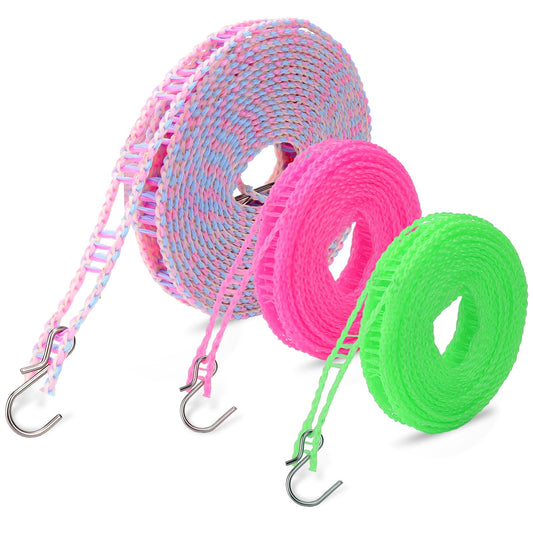 3 PCS Portable Clotheslines Portable Washing Line Windproof Clothesline Outdoor Nonslip Portable Clothesline Camping Clothes Line with 2 Stainless Hooks for Outdoor Camping Traveling, 16.4ft × 3pcs