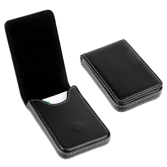 KALIONE 2 Packs Business Card Case, PU Leather Business Card Holder Vertical Magnetic Business Card Holder Pocket Slim Business Name Card Holder Wallet for Men Women(Black)