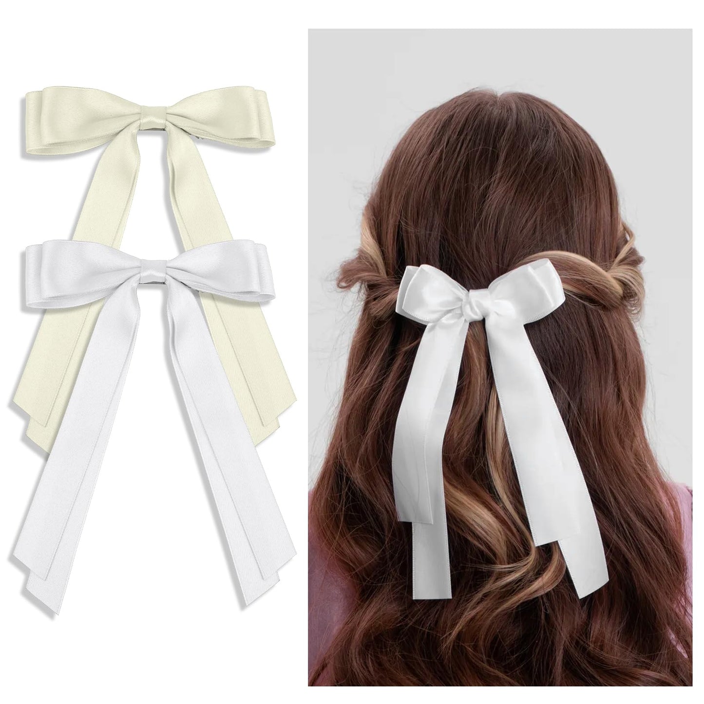 Silky Satin Hair Bow, 2 PCS Oversized Long-tail Hair Ribbon Clips Ponytail Holder with Metal Alligator Clips Elegant Cute Hair Bowknot Barrettes Hair Accessories for Women Girls (White & Beige)