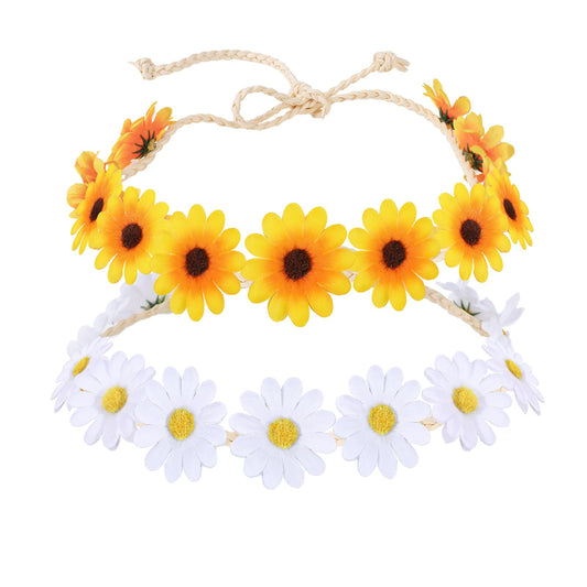KALIONE 2 Pieces Flower Crown Headband, Sunflower Hair Wreath Headpiece, Floral Hair Bands, Hippie Headband Hair Accessories, Groovy Flower Headbands Party Decorations for Women Girls, Yellow+white