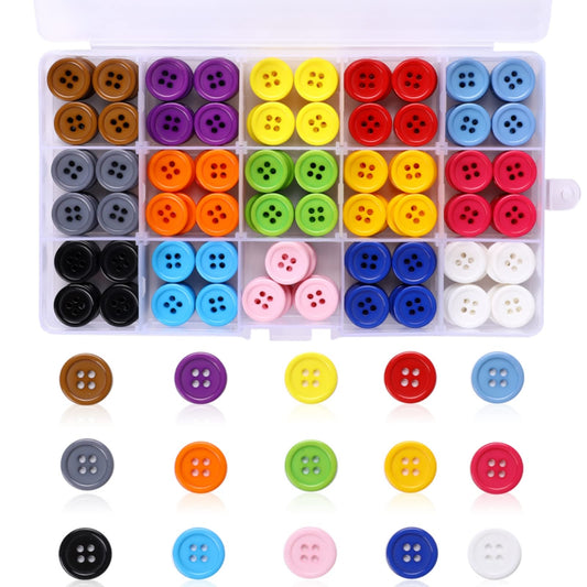 300PCS 15 Color Mixed Buttons with 4 Holes Round Resin Craft Buttons with Storage Box Buttons for Sewing Knitting Arts Crafts Making Doll DIY Handmade 15mm Diameter