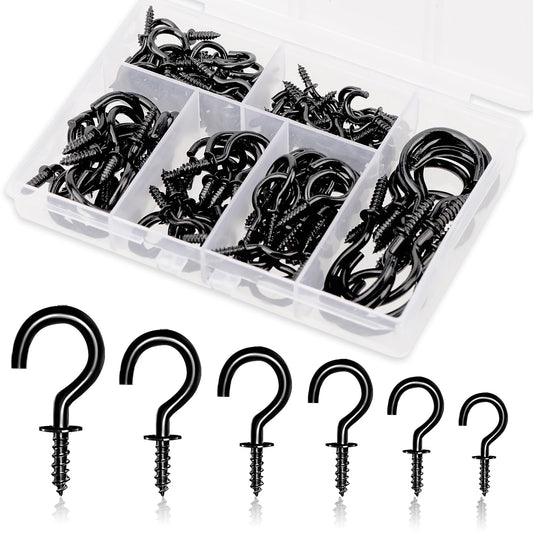 KALIONE 130 pcs Screw in Hooks, Hooks for Hanging Ceiling Hooks Small Hanging Hooks 6 Sizes Screw Hooks for Wood Ceiling Hooks for Hanging Plants Hanging Small Cups (Black)