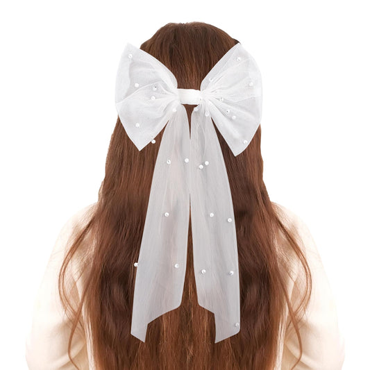 Bride Headband, White Hen Party Veil Tulle Wedding Veil with Bow Clip White Hair Bow Bowknot Pearl Headband White Butterflies Hair Clip with Pearls for Women Girls Bachelorette Bridal Hair Accessories