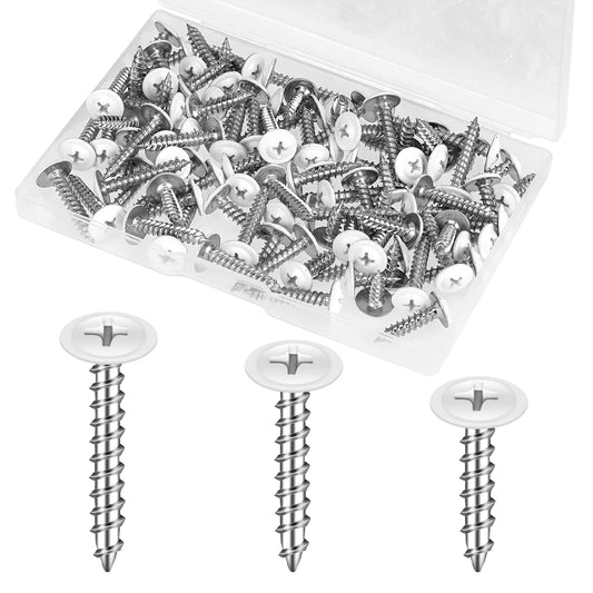 KALIONE 120pcs #8 White Screws, Flat Head, Self Tapping, Stainless Steel, 1/2" 3/4" 1" Long, White Thread, 120 Pieces