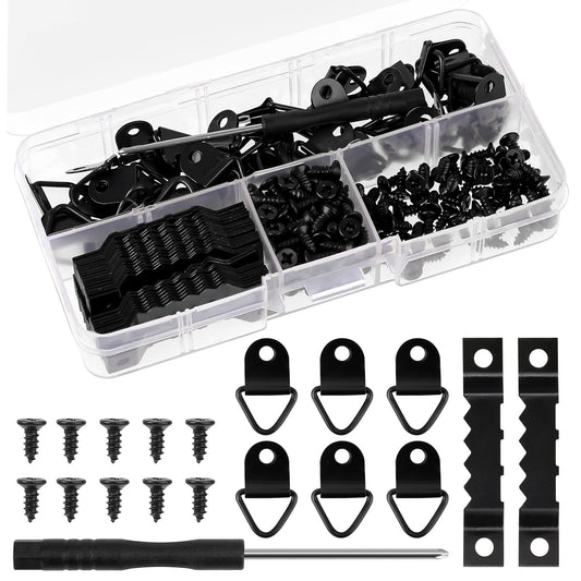 251 Pcs Photo Hanging Kit Including 50 Pcs Sawtooth Picture Frame Hanging, 50 Pcs Triangle Ring Hanger,150 Pcs Screws,1 Pcs Screwdriver for Hanging Pictures Photos Drawing(Black)