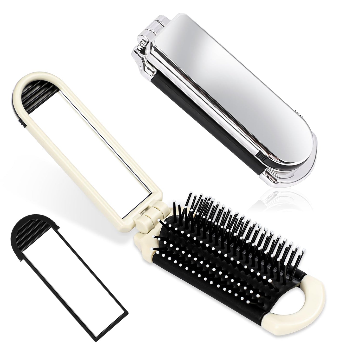 Travel Hair Brush with Removable Mirror, 2 Pcs Mini Folding Hair Brush Collapsable Pocket Size Brush Compact Hair Brush Hair Styling Tools for Gym,Trip,Purse,Swimming (Silver & Cream)