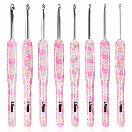 Vin Beauty 8pcs Crochet Hooks Set, Pink Floral Print Crochet Hooks with 2.5mm to 6mm(c-j) Crochet Hook Needles Ergonomic Grips for DIY Art Craft Yarn Crocheting for Women Arthritic Hands Beginners