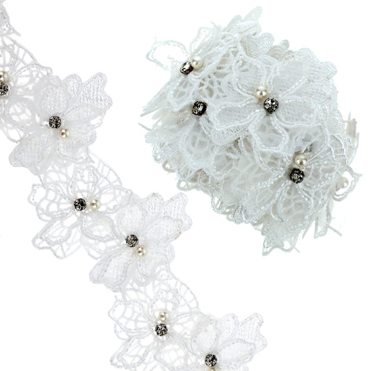 3D Pearl Beads Flower Lace Trim, 2 Yards Lace Ribbon with Pearls White Flower Lace Pearl Trim Embroidered Floral Applique Fabric Ribbon Pearl Beads Edging Trim for Wedding Applique Sewing DIY Craft