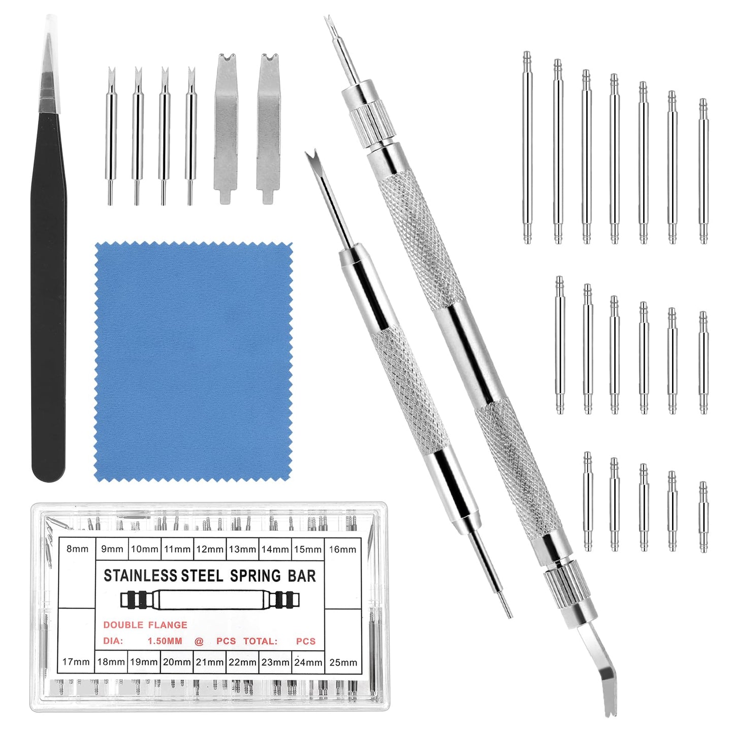 Watch Band Pins Replacement, 81 PCS 1.5mm Watch Link Removal Kit Stainless Steel Watch Band Remover Tool Watch Band Spring Bar Tool Watch Adjustment Tool Kit with Tweezer for Watch Repairing (8-25mm)