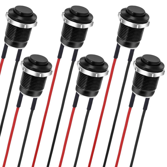 6pcs Black Momentary Push Button Switch 12v Waterproof Button Switch Black Metal, 12mm Mini Round Push Button Switch with Pre-Soldered, 1/2'' Small Round Power Pushbutton for Automotive Marine Boat
