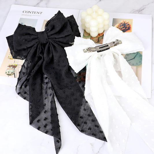 Silky Satin Hair Bows, 2 PCS Big Black/White Bow Hair Clips Set Bowknot Metal Spring Clip Oversized Long Tail Hair Ribbons Ponytail Holder French Hair Barrettes Hair Styling Accessories for Women
