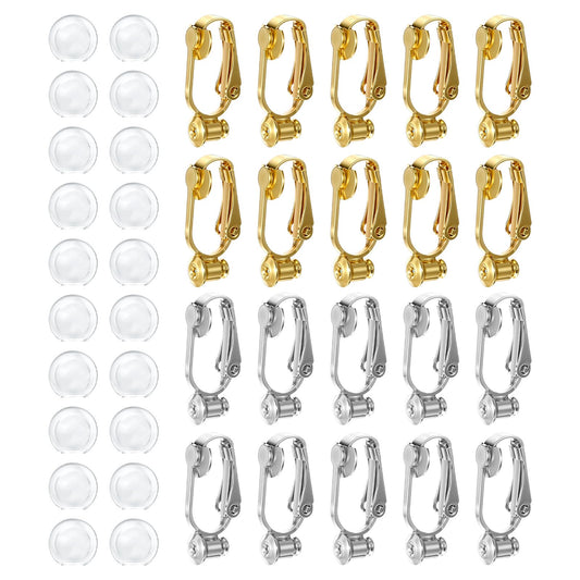 20 Pack Ear Clip Backs Silver and Gold Clip-on Earring Converters Non Pierced Ear Clips Components Findings with Post for Earring Making 20 Pieces Silicone Earrings Pads