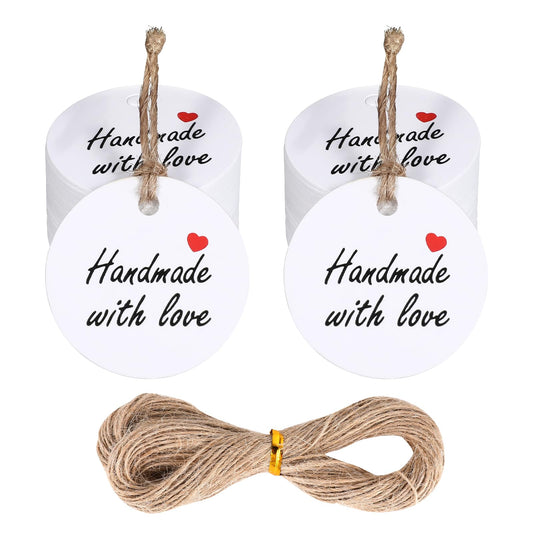100Pcs White Handmade with Love Tags Handmade Gift Tags Kraft Paper Hanging Tags with String 1.2” Round Gift Labels with 66 ft String Handmade Tags for Crafts Candle Tins Wedding Birthday Party Favor