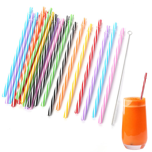 Plastic Straws Reusable 24Pcs Candy-Striped Drinking Straws with Cleaning Brush, Reusable Thick Plastic Straws for Drinks, Buffet, Weddings, Birthday Parties, Picnic, Bars, Cafes, Restaurants