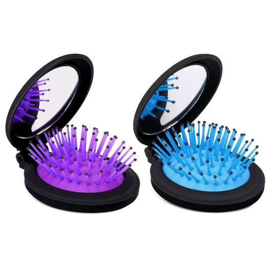 Mini Hair Brush for Women, 2 Pcs Portable Compact Folding Hair Brushes with Mirror Small Travel Size Hair Comb Pocket Size Hairbrush for Purse, Handbag, Trip, Locker, Gym, Swimming (Blue & Purple)