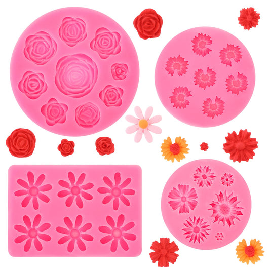 4Pcs Flower Silicone Molds Rose Daisy Chrysanthemum Small Flower Silicone Molds Flower Fondant Cake Molds Polymer Clay Resin Mold for Cake Chocolate Candy Ice Cube Soap DIY Craft Decoration