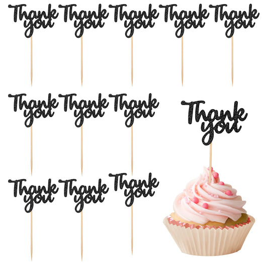 36Pcs Black Glitter Thank You Cupcake Toppers Cake Decorations Thank You Cupcake Picks for Birthday Wedding Decorations Thanksgiving Day Anniversary Party Decoration Supplies