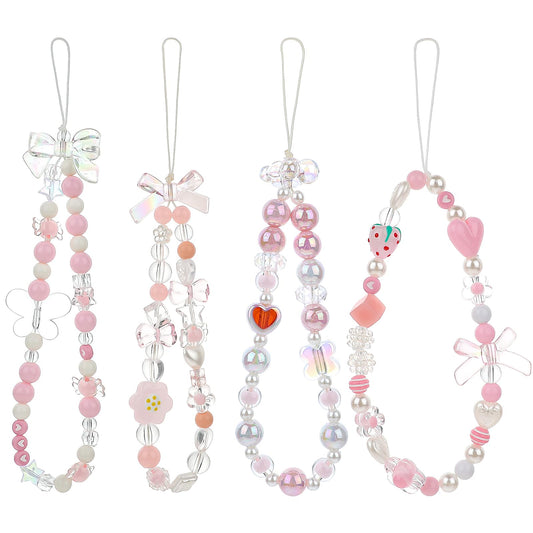 Mozeat Lens 4 Pcs Phone Charms Beaded Cute Beaded Phone Charms Strap Colorful Phone Strap Acrylic Bear Butterfly Heart Charm Bracelet Lanyard Anti-Lost Beade Keychain for Phone Bag Keychain Decor