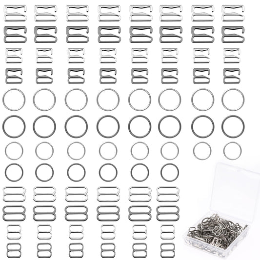 KALIONE 120pcs Bra Strap Hooks for Bikini Halter Swimsuit, Bra Strap Slider Replacement Kit, Metal Bathing Suit Clips Clasp Adjustment Slider for Slip Dress