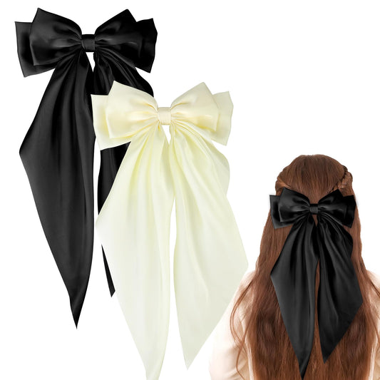 Big Bow Barrettes Hair Clips Large Bowknot with Long Silky Tail Hair Bows for Women Solid Color Long Tail Bow Hair Clip Hair Barrette Clips Hair Bows for Women Girls Hair Accessories(Black&Beige)