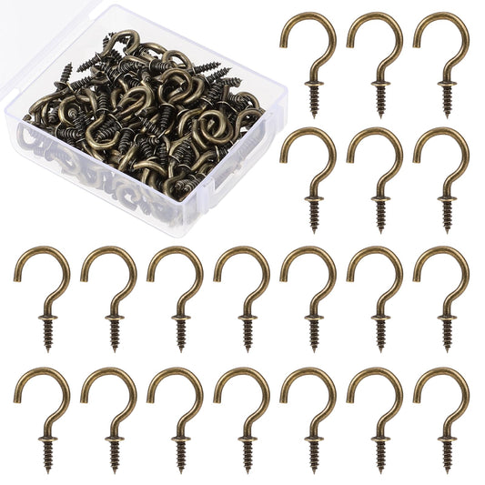 KALIONE 120 Pieces Screw-in Cup Hooks Small Eye Hooks 1/2 Inch Metal Key Hanging Hooks Home Kitchen Ceiling Wall Outdoor String Lights Plants Hooks with Storage Box for Hanging (Bronze)