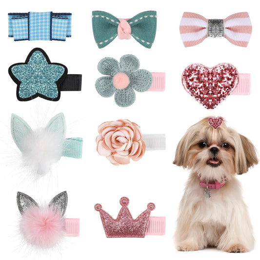10 Pcs Small Dog Hair Clips, Dog Hair Bows, Puppy Hair Barrettes, Pet Hair Accessories, Puppy crown accessories, flower accessories, heart accessories, Hairpin Cat Topknot, Beauty Accessories(Ten Styl