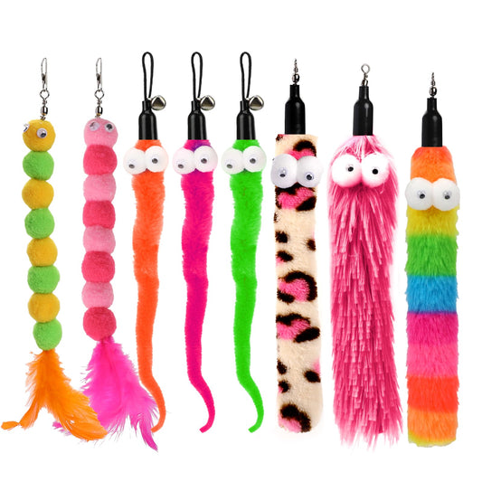 KALIONE Cat Worm Toy Refills Pack, 8 PCS Cat Toy Wand Replacement, Cat Wand Attachments, Cat Feather Toys, Cat Wiggly Toy, Fuzzy Cat Toy Fishing Pole Refill for Interactive Indoor Cats Kitten, Style D