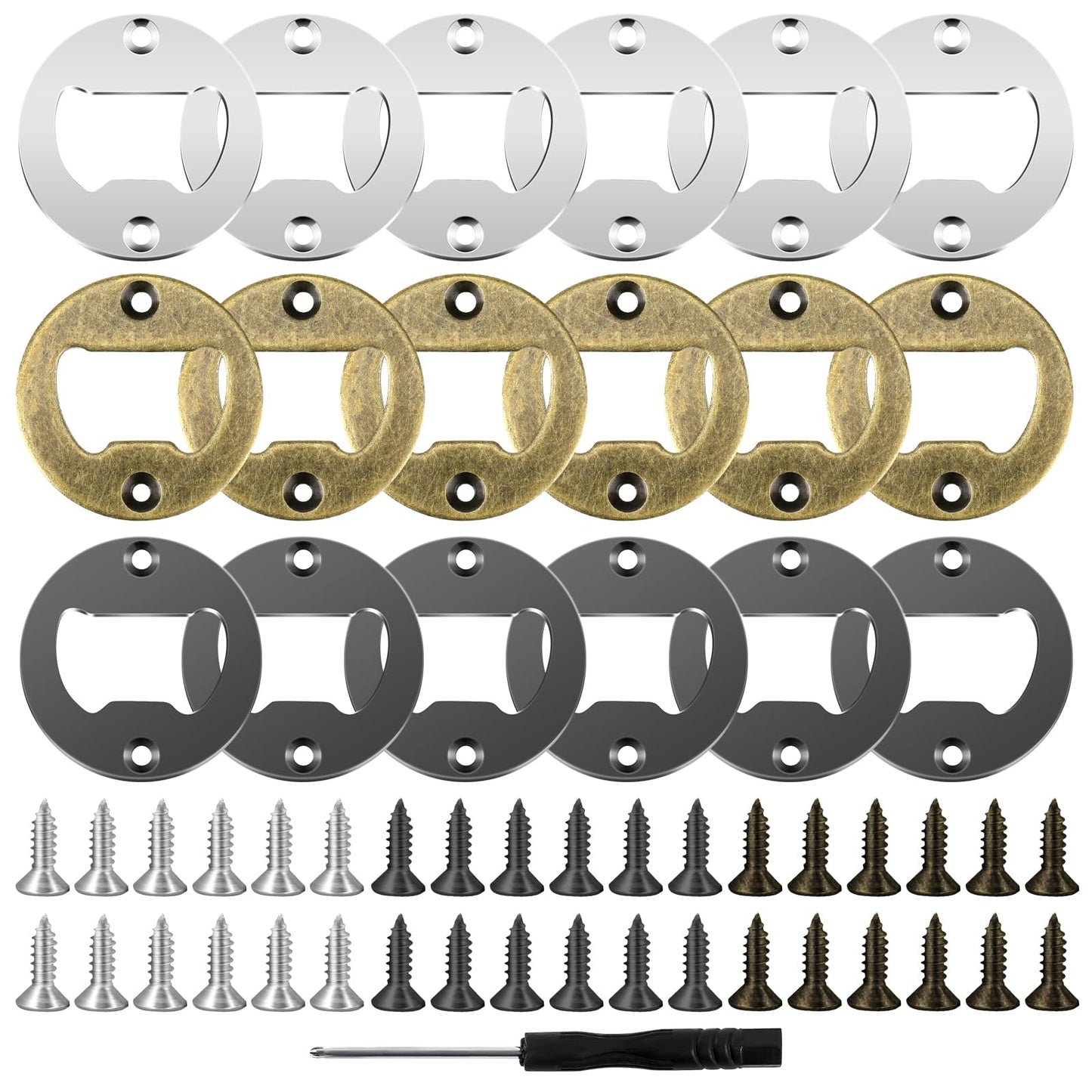 Sliverdew 18pcs Stainless Steel Bottle Opener Inserts Kit with Screwdriver, Silver+black+bronze, Screw-In, Double Ring, Metal, Wood