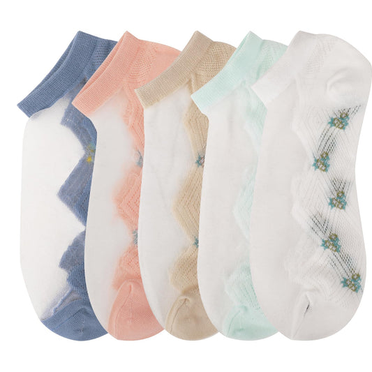 KALIONE 5 Pairs Cute Lace Socks for Women Mesh Sheer Crew Socks Fishnet Ultra Thin Tulle Ankle See Through Socks Fancy Socks No Show Socks for Women Girls