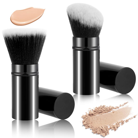 Retractable Makeup Brush, 2 Pcs Kabuki Foundation Brush Portable Travel Size Makeup Brushes Blush Brush Face Setting Powder Brush with Cover for Blush, Bronzer, Buffing, Loose Powder, Cream (Black)