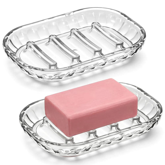 2PCS Soap Dish Holder for Bar Soap, Easy Cleaning Soaps Saver Tray, Bathroom Soaps Dishes, Kitchen Sink SoapDish, Plastic SoapDish Clear for Shower Bathroom Kitchen