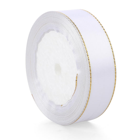 Gift Ribbon White 25 mm x 22 Metres Gold Edges Ribbon White Gift Ribbons Fabric Wide Decorative Ribbon for Gift Wrapping Bouquet Cake Decoration Wedding Party