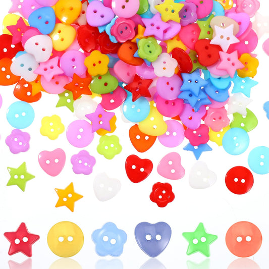 200 PCS Craft Buttons for Sewing Colorful Buttons 15mm Mix Buttons Round Heart Star Flower Buttons Small Buttons for Crafts Handmade Ornament Sewing Fasteners Buttons for DIY Painting Decoration