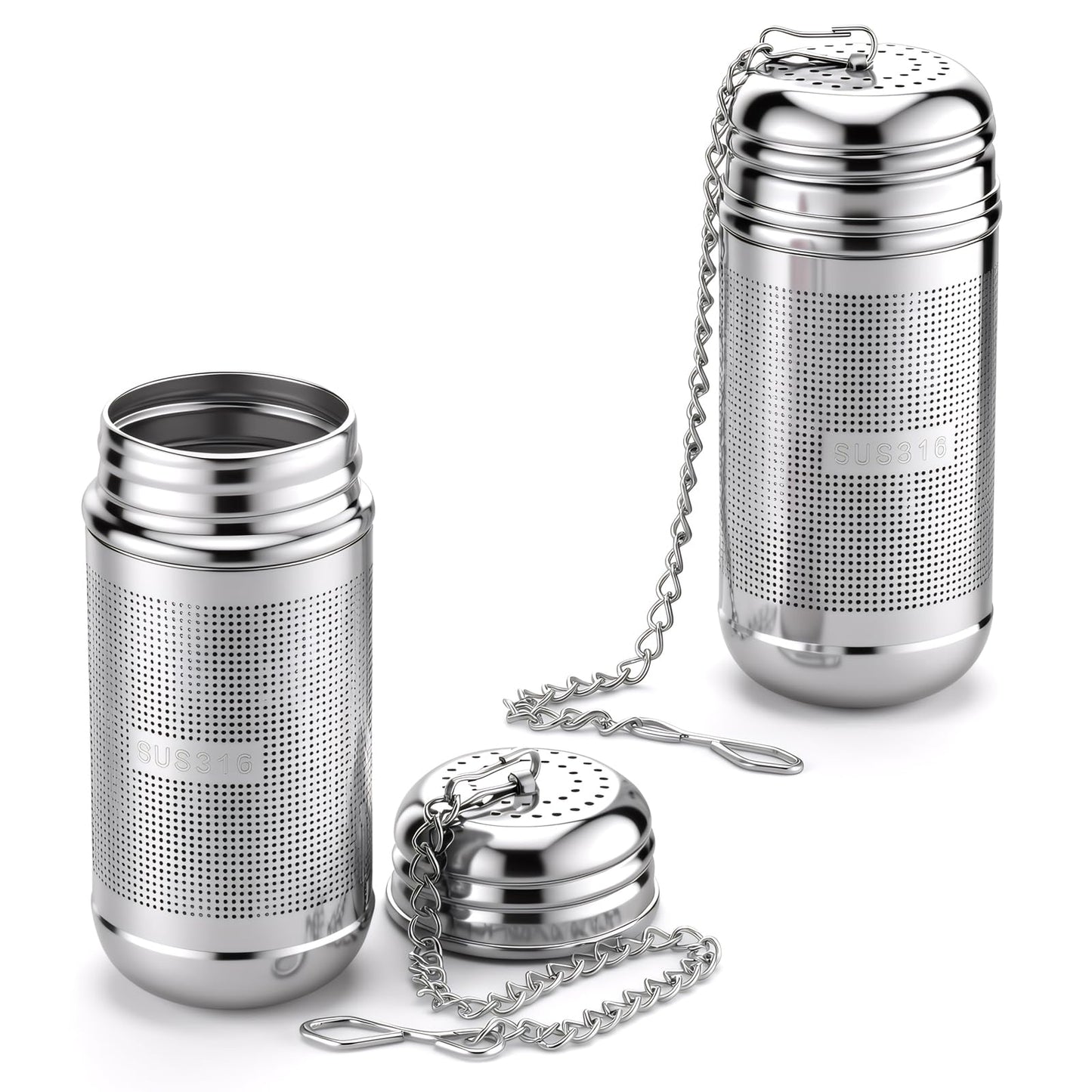 Tea Strainer Stainless Steel for Loose Tea, Pack of 2, 3 x 7.2 cm Spice Infuser Tea Filter, Fine Mesh Tea Strainer, Fine Strainer, Tea Infuser with Chain for Teapot, Cups, Kitchens, Silver
