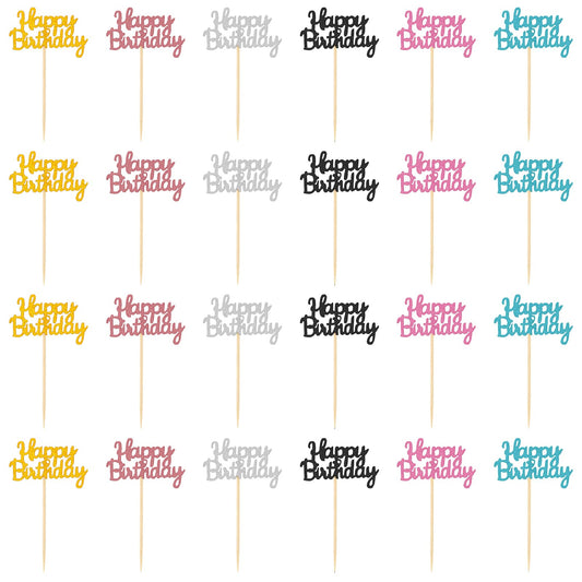 24 Pcs Happy Birthday Cupcake Toppers Glitter Cake Picks for Birthday Party Birthday Cake Decorations Birthday Cupcake Picks Baby Shower Anniversary Party Supplies(6 Colors)
