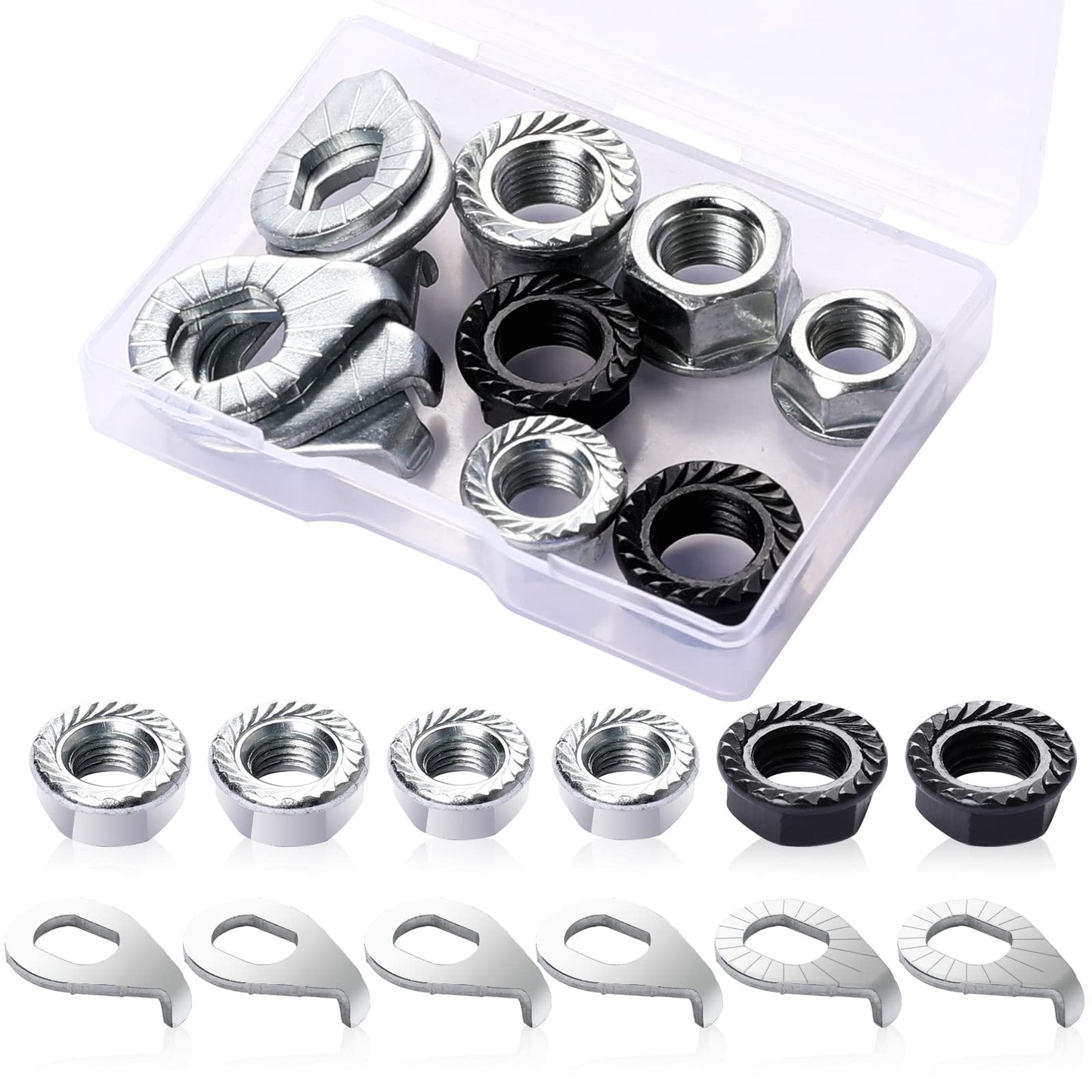 Sliverdew 12 Pcs Bike Wheel Axle Nut and Safety Washer Kit, 3 Size Bicycle Hub Flanged Axle Nut Hardware Parts Bike Flange Nuts for Front and Back Wheel